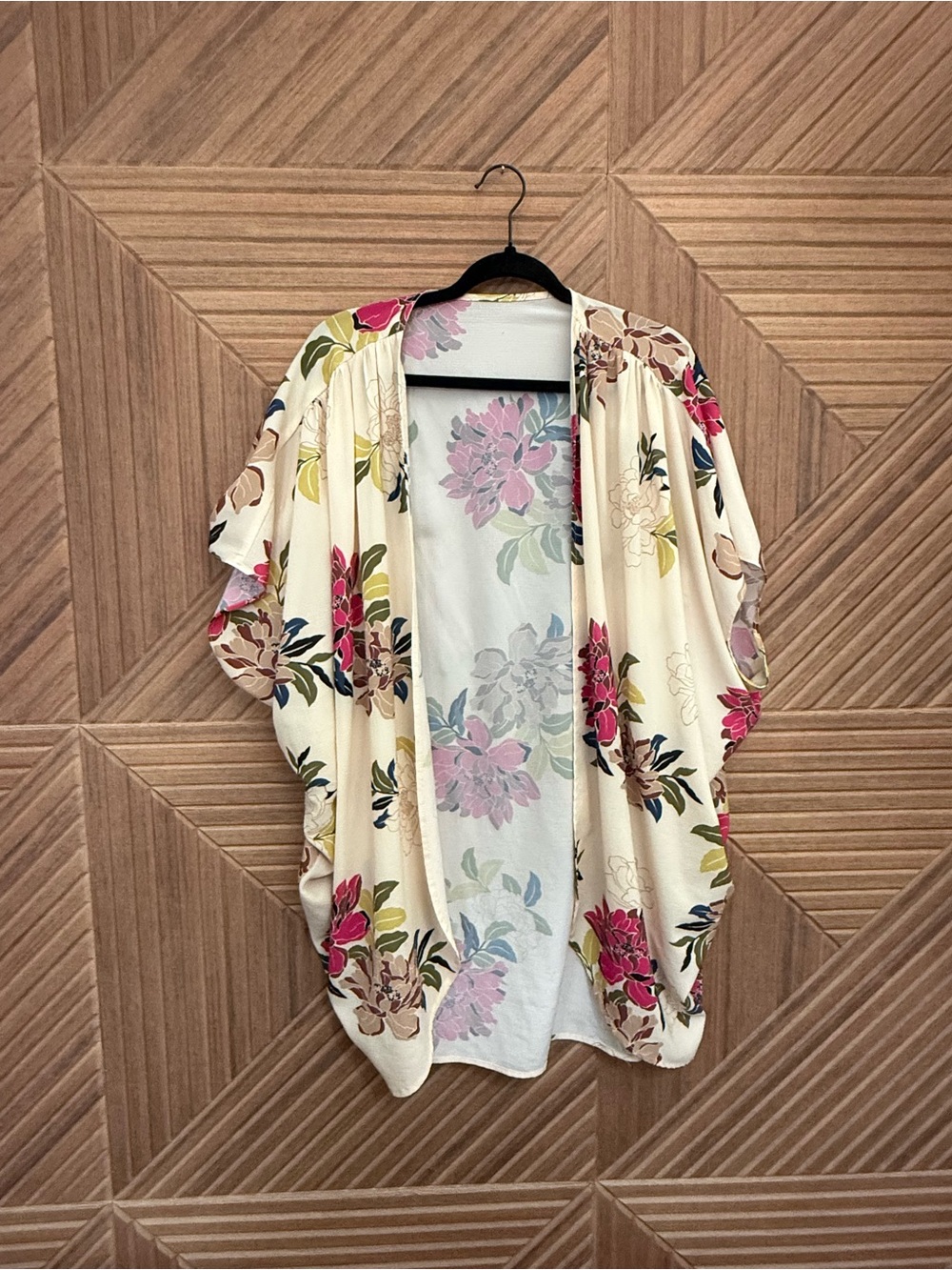 Floral Open Front Kimono - Cream Pink